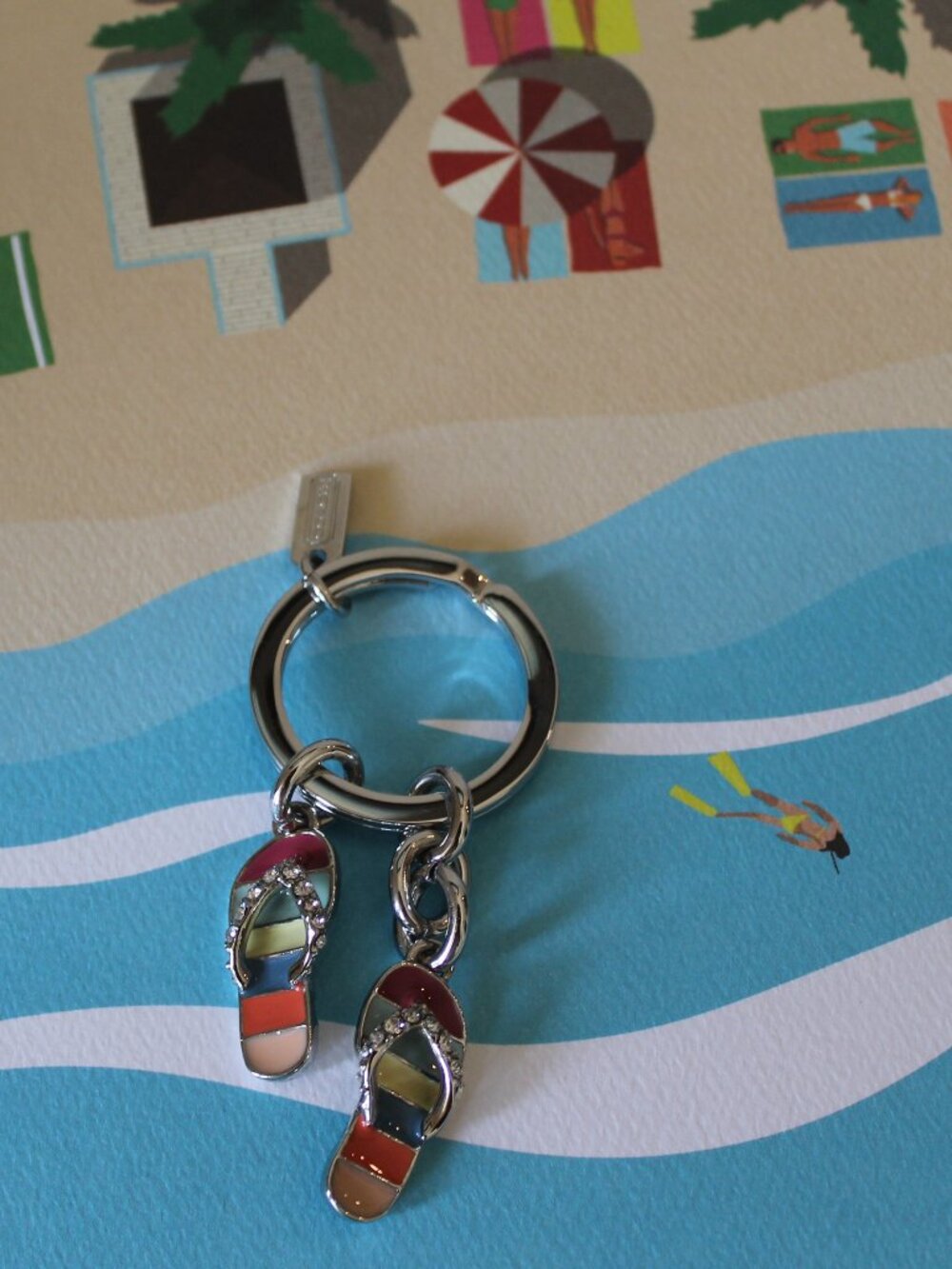 Coach Crystal Flip Flop keychain charm Silver with multi color EUC